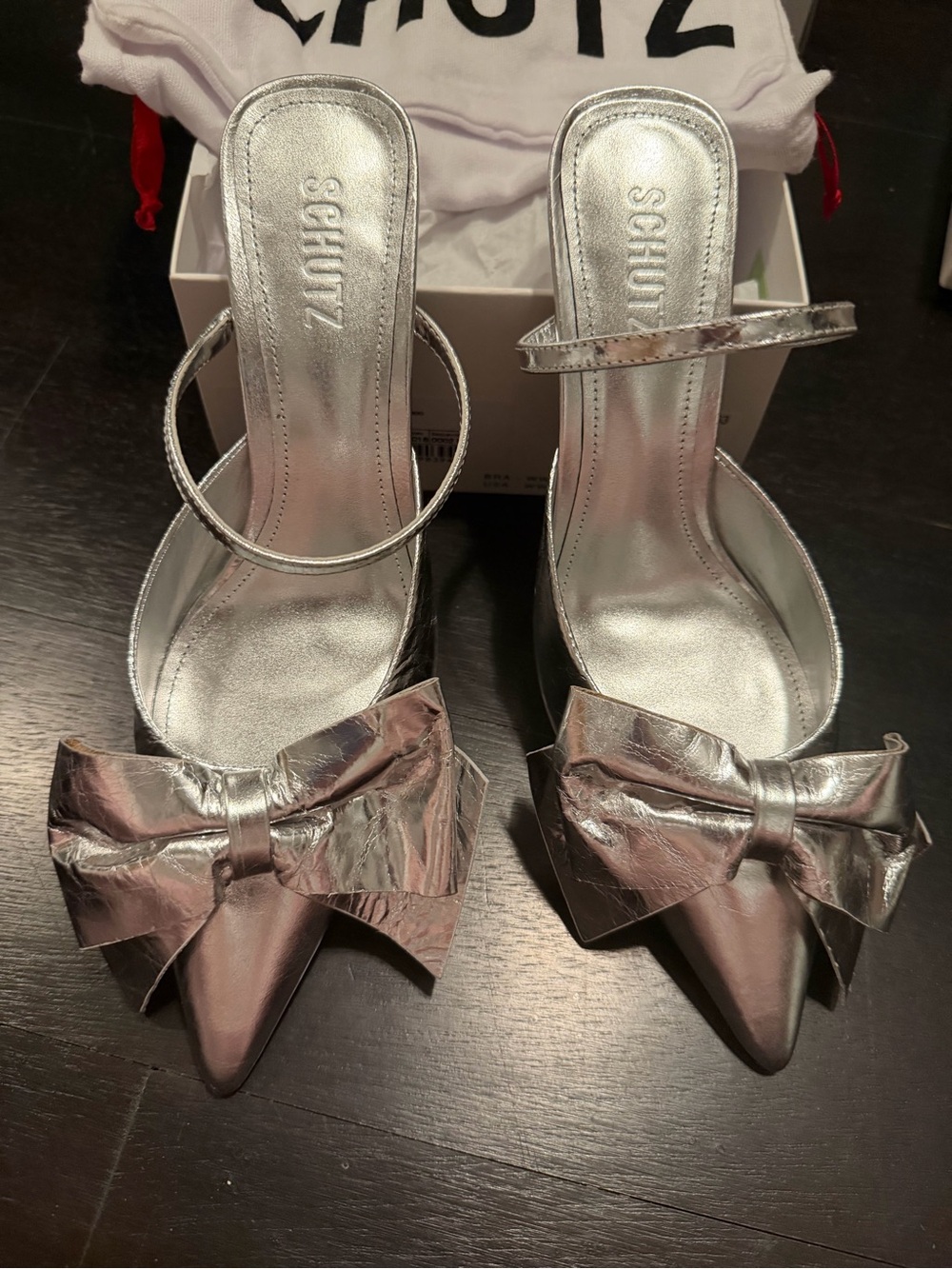 Schutz  Silver Pointed-Toe mule bow Heel